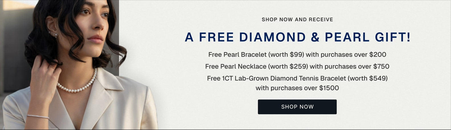 Woman wearing a pearl necklace with promotional text for free diamond and pearl gift offer.